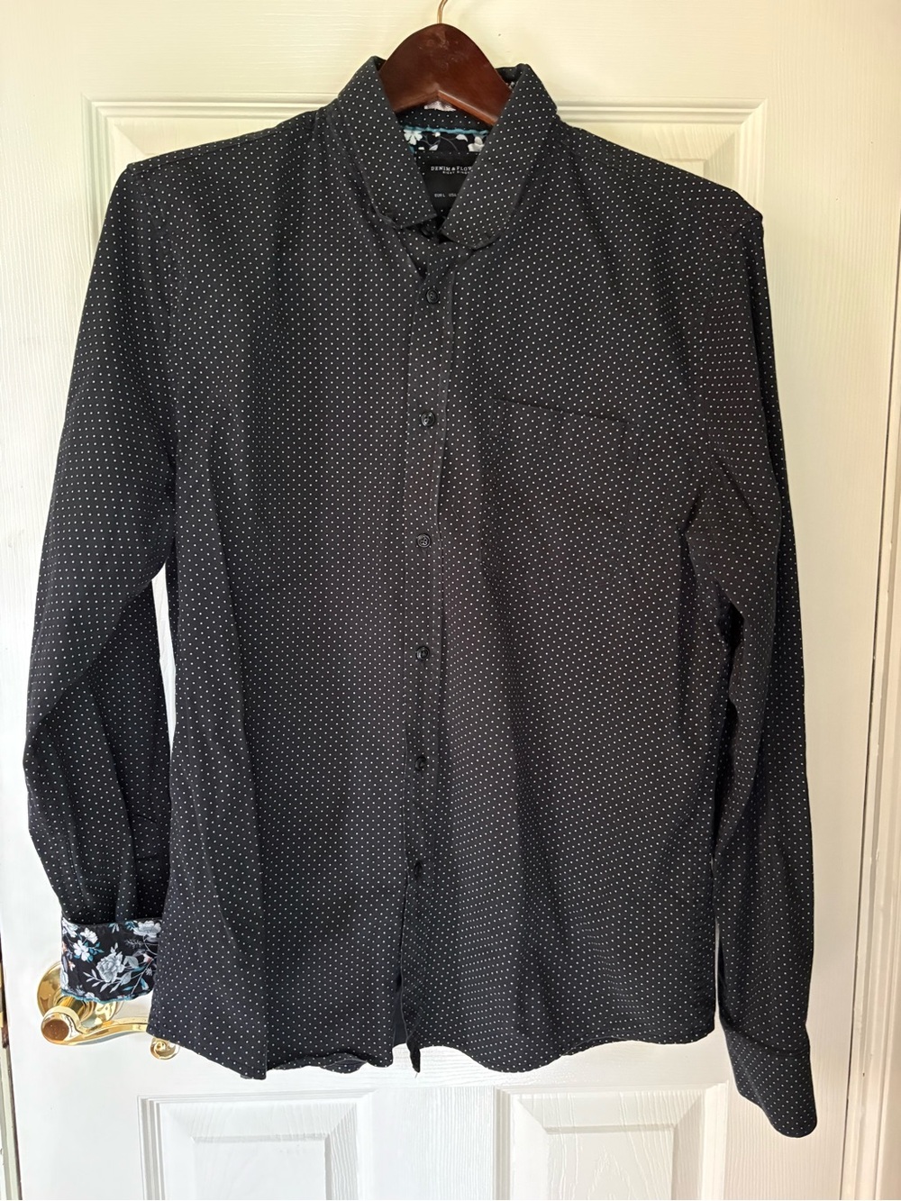 Denim & Flower men’s Black Button-Down Shirt with White Polka Dots